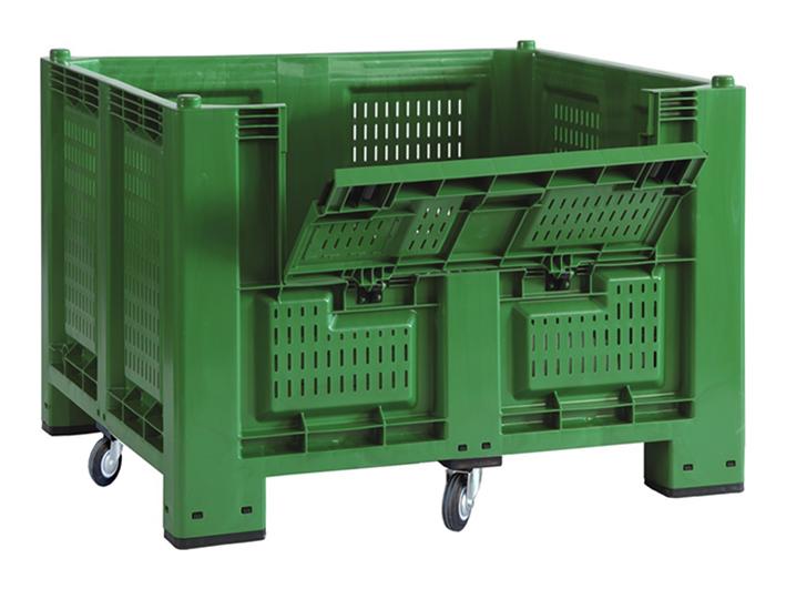 Cargopallet 700 PLUS verde con pareti grigliate, sportello e 4 ruote 1200x1000xh870